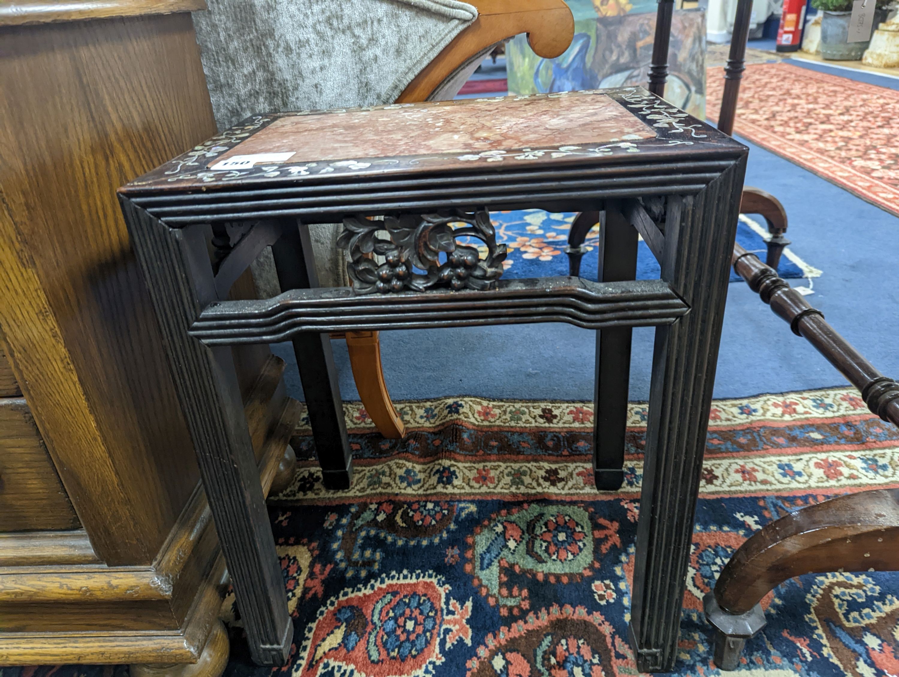 A Chinese rectangular mother of pearl inlaid rouge marbled top padouk jardiniere stand, width 42cm, depth 31cm, height 52cm